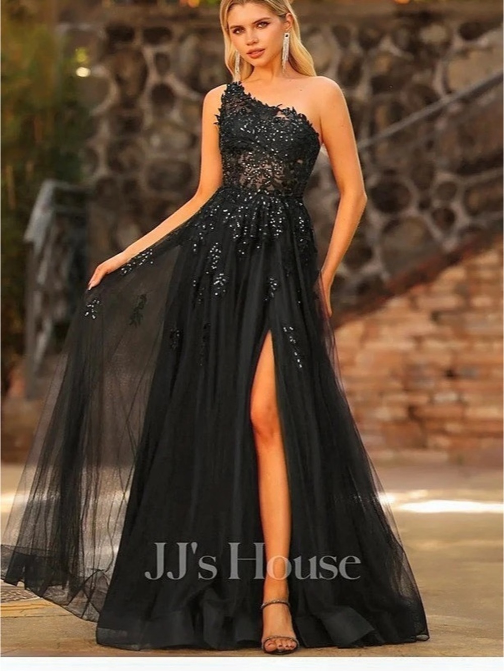 JJ's House Anemona One-Shoulder A-Line Tulle Sequined Prom or Bridesmaid Dress